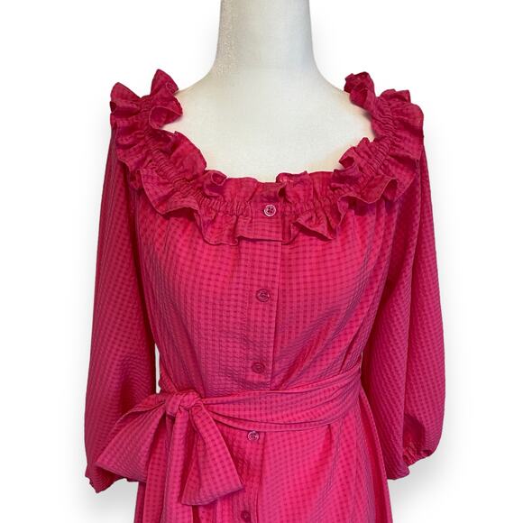 Who What Wear Pink Ruffle Off the Shoulder Midi Dress - Picture 5 of 9